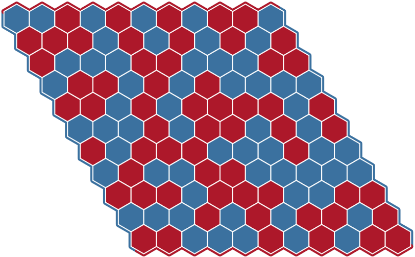 A hex board filled entirely with red and blue counters at random