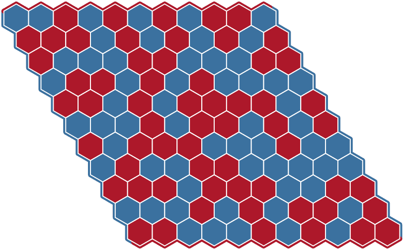 A hex board filled entirely with red and blue counters at random