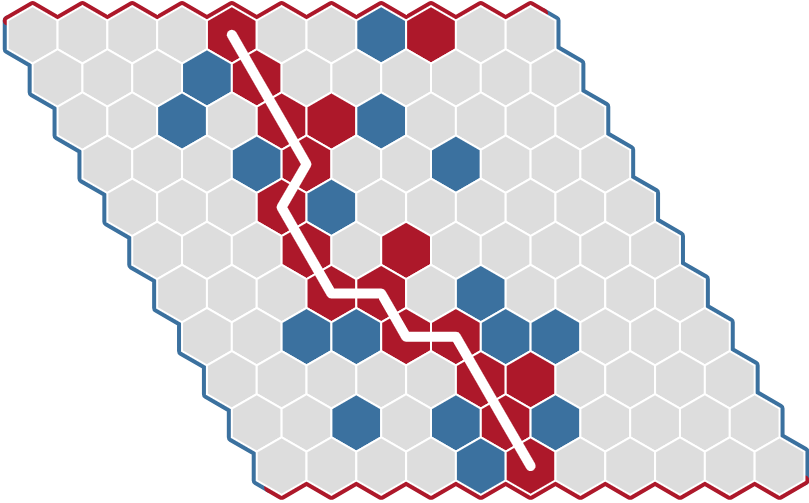 A hex board with counters - red won this game